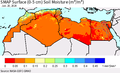 North Africa SMAP Surface (0-5 cm) Soil Moisture (m³/m³) Thematic Map For 1/16/2024 - 1/20/2024
