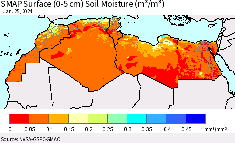 North Africa SMAP Surface (0-5 cm) Soil Moisture (m³/m³) Thematic Map For 1/21/2024 - 1/25/2024