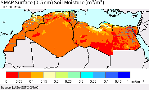 North Africa SMAP Surface (0-5 cm) Soil Moisture (m³/m³) Thematic Map For 1/26/2024 - 1/31/2024