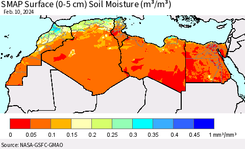 North Africa SMAP Surface (0-5 cm) Soil Moisture (m³/m³) Thematic Map For 2/6/2024 - 2/10/2024