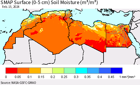 North Africa SMAP Surface (0-5 cm) Soil Moisture (m³/m³) Thematic Map For 2/11/2024 - 2/15/2024