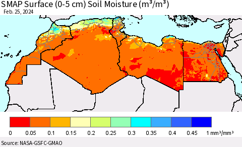 North Africa SMAP Surface (0-5 cm) Soil Moisture (m³/m³) Thematic Map For 2/21/2024 - 2/25/2024