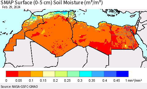 North Africa SMAP Surface (0-5 cm) Soil Moisture (m³/m³) Thematic Map For 2/26/2024 - 2/29/2024