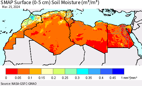 North Africa SMAP Surface (0-5 cm) Soil Moisture (m³/m³) Thematic Map For 3/21/2024 - 3/25/2024