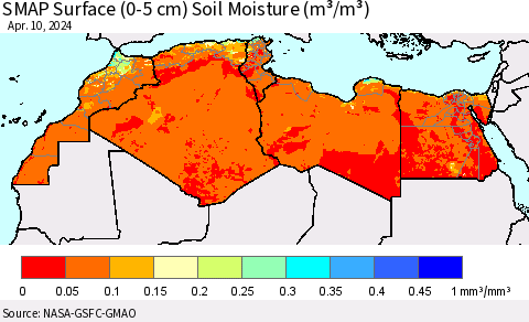 North Africa SMAP Surface (0-5 cm) Soil Moisture (m³/m³) Thematic Map For 4/6/2024 - 4/10/2024