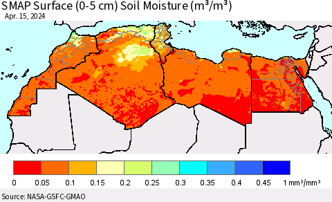 North Africa SMAP Surface (0-5 cm) Soil Moisture (m³/m³) Thematic Map For 4/11/2024 - 4/15/2024