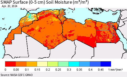 North Africa SMAP Surface (0-5 cm) Soil Moisture (m³/m³) Thematic Map For 4/16/2024 - 4/20/2024