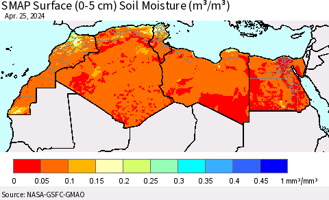 North Africa SMAP Surface (0-5 cm) Soil Moisture (m³/m³) Thematic Map For 4/21/2024 - 4/25/2024