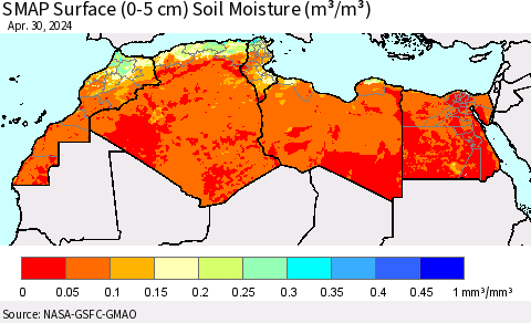 North Africa SMAP Surface (0-5 cm) Soil Moisture (m³/m³) Thematic Map For 4/26/2024 - 4/30/2024