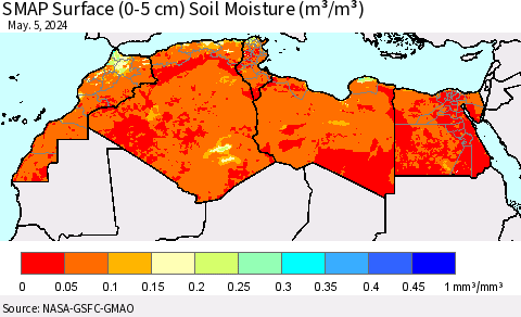 North Africa SMAP Surface (0-5 cm) Soil Moisture (m³/m³) Thematic Map For 5/1/2024 - 5/5/2024