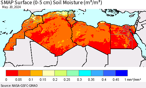North Africa SMAP Surface (0-5 cm) Soil Moisture (m³/m³) Thematic Map For 5/16/2024 - 5/20/2024