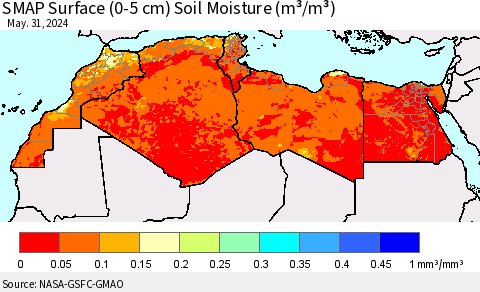North Africa SMAP Surface (0-5 cm) Soil Moisture (m³/m³) Thematic Map For 5/26/2024 - 5/31/2024