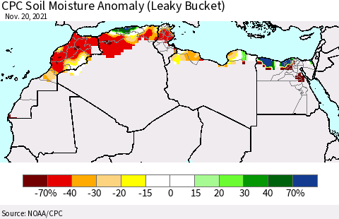 North Africa CPC Soil Moisture Anomaly (Leaky Bucket) Thematic Map For 11/16/2021 - 11/20/2021