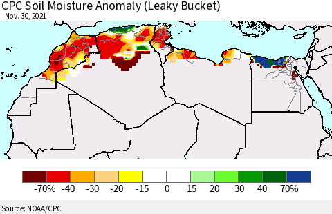 North Africa CPC Soil Moisture Anomaly (Leaky Bucket) Thematic Map For 11/26/2021 - 11/30/2021