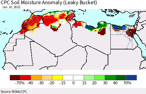 North Africa CPC Soil Moisture Anomaly (Leaky Bucket) Thematic Map For 1/6/2022 - 1/10/2022