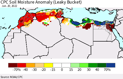 North Africa CPC Soil Moisture Anomaly (Leaky Bucket) Thematic Map For 1/16/2022 - 1/20/2022