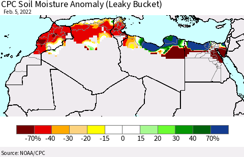 North Africa CPC Soil Moisture Anomaly (Leaky Bucket) Thematic Map For 2/1/2022 - 2/5/2022