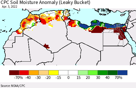North Africa CPC Soil Moisture Anomaly (Leaky Bucket) Thematic Map For 4/1/2022 - 4/5/2022