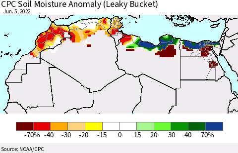 North Africa CPC Soil Moisture Anomaly (Leaky Bucket) Thematic Map For 6/1/2022 - 6/5/2022