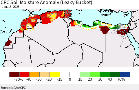 North Africa CPC Soil Moisture Anomaly (Leaky Bucket) Thematic Map For 1/11/2023 - 1/15/2023
