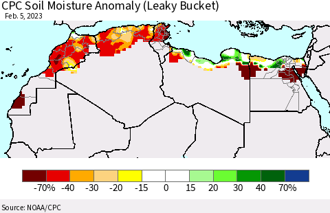North Africa CPC Soil Moisture Anomaly (Leaky Bucket) Thematic Map For 2/1/2023 - 2/5/2023