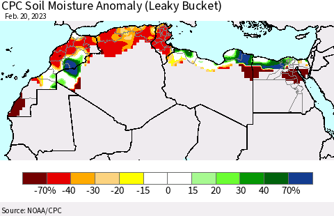 North Africa CPC Soil Moisture Anomaly (Leaky Bucket) Thematic Map For 2/16/2023 - 2/20/2023