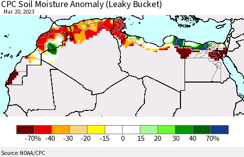 North Africa CPC Soil Moisture Anomaly (Leaky Bucket) Thematic Map For 3/16/2023 - 3/20/2023