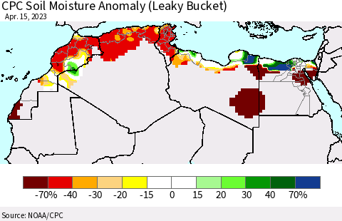 North Africa CPC Soil Moisture Anomaly (Leaky Bucket) Thematic Map For 4/11/2023 - 4/15/2023