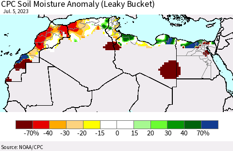North Africa CPC Soil Moisture Anomaly (Leaky Bucket) Thematic Map For 7/1/2023 - 7/5/2023