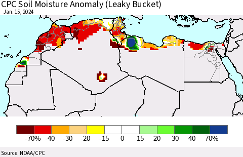 North Africa CPC Soil Moisture Anomaly (Leaky Bucket) Thematic Map For 1/11/2024 - 1/15/2024