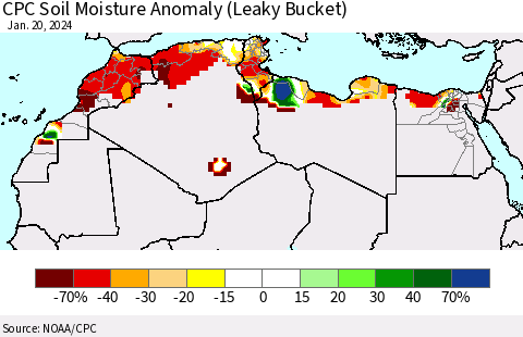 North Africa CPC Soil Moisture Anomaly (Leaky Bucket) Thematic Map For 1/16/2024 - 1/20/2024
