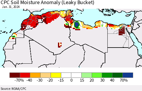 North Africa CPC Soil Moisture Anomaly (Leaky Bucket) Thematic Map For 1/26/2024 - 1/31/2024