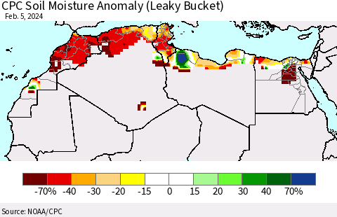 North Africa CPC Soil Moisture Anomaly (Leaky Bucket) Thematic Map For 2/1/2024 - 2/5/2024