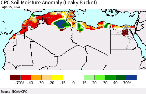 North Africa CPC Soil Moisture Anomaly (Leaky Bucket) Thematic Map For 4/11/2024 - 4/15/2024