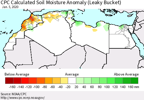 North Africa CPC Soil Moisture Departure from Normal (Leaky Bucket) Thematic Map For 1/1/2020 - 1/5/2020