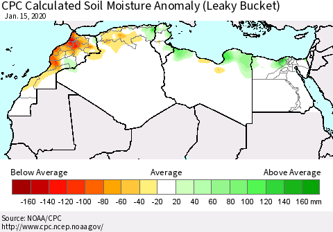 North Africa CPC Soil Moisture Departure from Normal (Leaky Bucket) Thematic Map For 1/11/2020 - 1/15/2020
