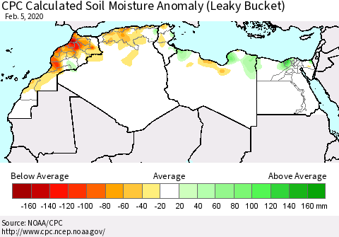 North Africa CPC Soil Moisture Departure from Normal (Leaky Bucket) Thematic Map For 2/1/2020 - 2/5/2020