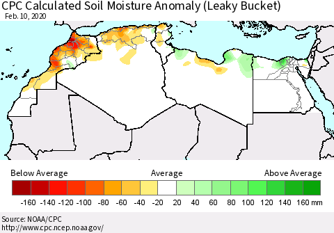 North Africa CPC Soil Moisture Departure from Normal (Leaky Bucket) Thematic Map For 2/6/2020 - 2/10/2020