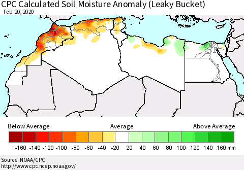 North Africa CPC Soil Moisture Departure from Normal (Leaky Bucket) Thematic Map For 2/16/2020 - 2/20/2020