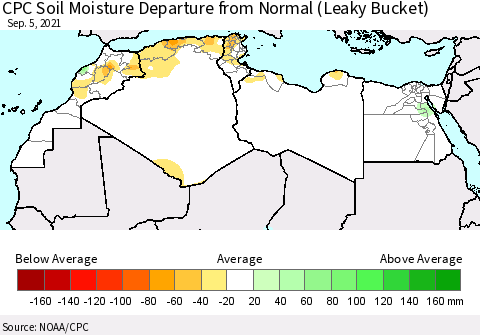 North Africa CPC Soil Moisture Departure from Normal (Leaky Bucket) Thematic Map For 9/1/2021 - 9/5/2021