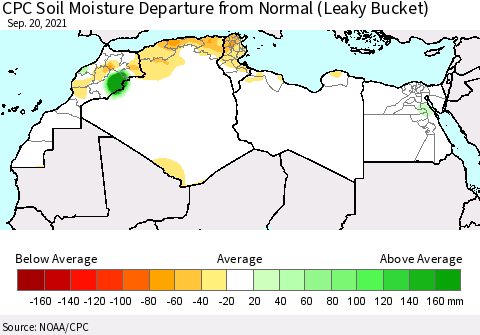 North Africa CPC Soil Moisture Departure from Normal (Leaky Bucket) Thematic Map For 9/16/2021 - 9/20/2021