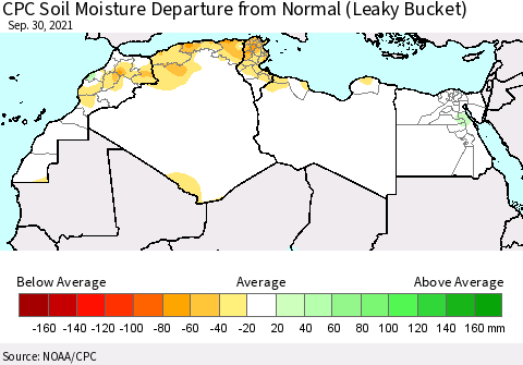 North Africa CPC Soil Moisture Departure from Normal (Leaky Bucket) Thematic Map For 9/26/2021 - 9/30/2021
