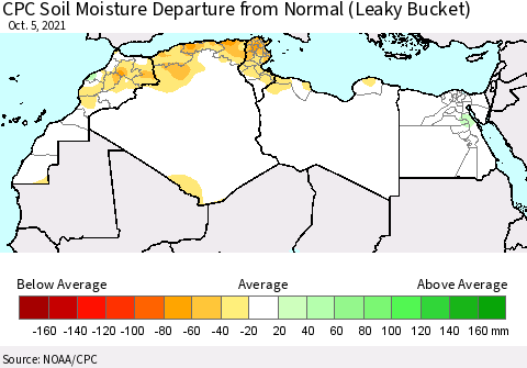 North Africa CPC Soil Moisture Departure from Normal (Leaky Bucket) Thematic Map For 10/1/2021 - 10/5/2021