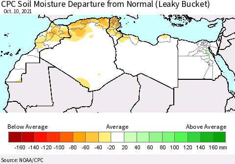 North Africa CPC Soil Moisture Departure from Normal (Leaky Bucket) Thematic Map For 10/6/2021 - 10/10/2021