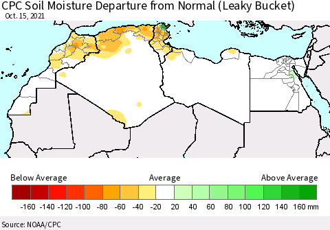 North Africa CPC Soil Moisture Departure from Normal (Leaky Bucket) Thematic Map For 10/11/2021 - 10/15/2021