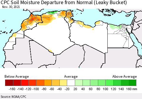 North Africa CPC Soil Moisture Departure from Normal (Leaky Bucket) Thematic Map For 11/26/2021 - 11/30/2021