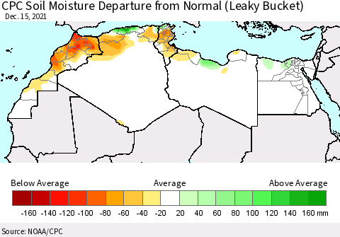 North Africa CPC Soil Moisture Departure from Normal (Leaky Bucket) Thematic Map For 12/11/2021 - 12/15/2021