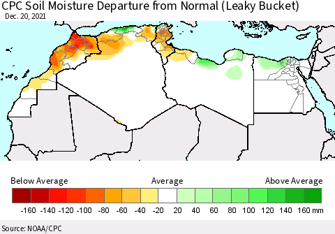 North Africa CPC Soil Moisture Departure from Normal (Leaky Bucket) Thematic Map For 12/16/2021 - 12/20/2021