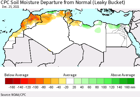 North Africa CPC Soil Moisture Departure from Normal (Leaky Bucket) Thematic Map For 12/21/2021 - 12/25/2021