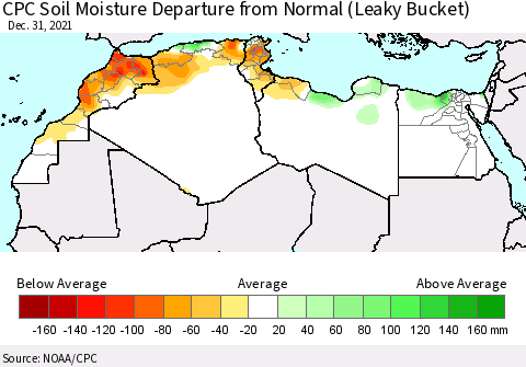 North Africa CPC Soil Moisture Departure from Normal (Leaky Bucket) Thematic Map For 12/26/2021 - 12/31/2021